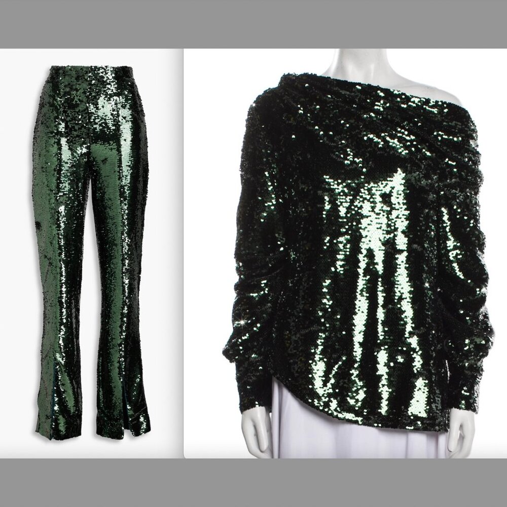 SIMKHAI Green Sequin Pants and One-Shoulder Top